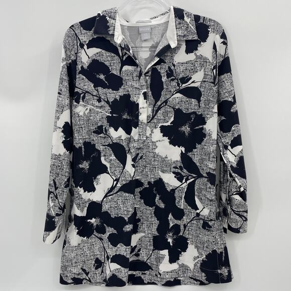 CHICO's Tunic Shirt Floral Black White Womens Size .5 / US S Popover Top - Picture 1 of 10